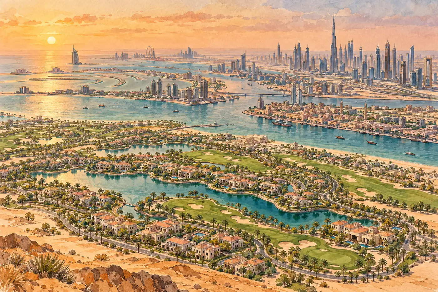 Illustration of Dubai from the desert edge: creek, coast and communities